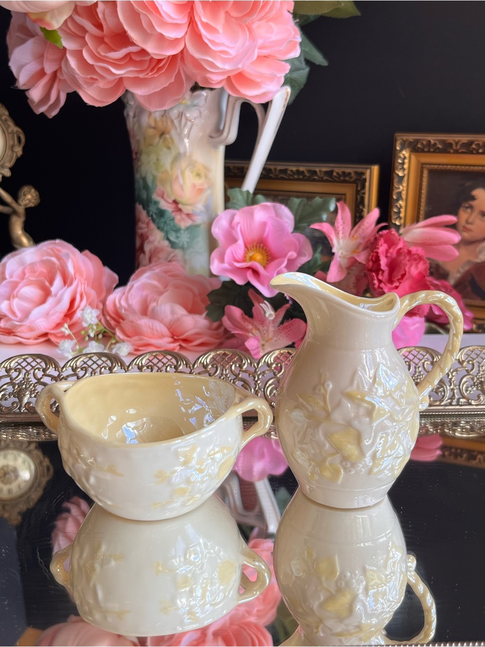 Vintage Belleek Ireland Porcelain Creamer & Sugar Bowl Set